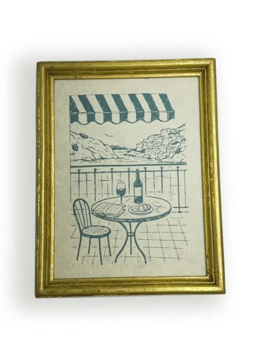 Set of Two Gold-Framed Art Prints - Café Patio and Townhouse Scenes, New!
